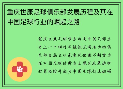 重庆世康足球俱乐部发展历程及其在中国足球行业的崛起之路