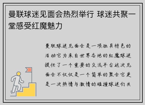 曼联球迷见面会热烈举行 球迷共聚一堂感受红魔魅力